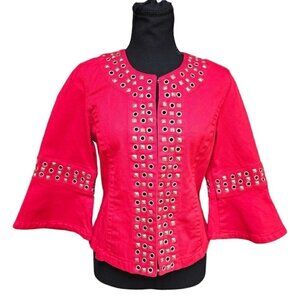 LAL Live a Little Red and Edgy Studded Denim Unique Jacket, Size Small